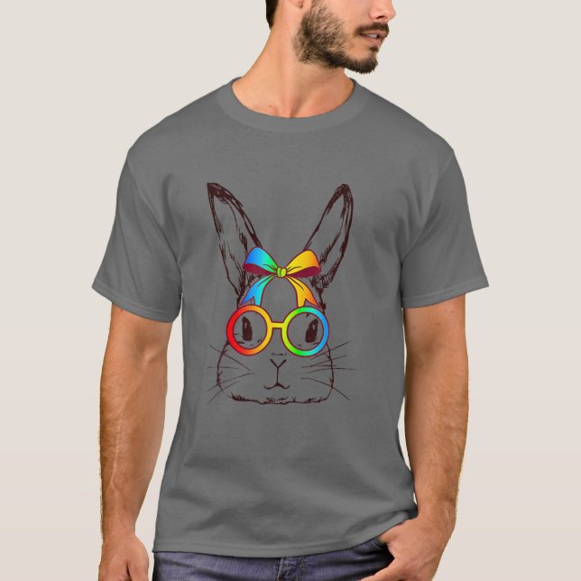 T-shirt Cute Bunny Face Tie Dye Bow Cravate Pâques Filles  (Devant)