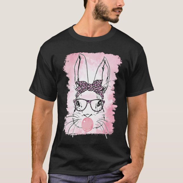 T-shirt Cute Bunny Leopard Bunny Glasses Bubblegum Easter  (Devant)