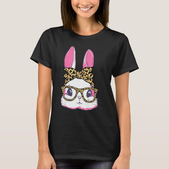 T-shirt Cute Bunny Leopard Messy Lunettes Bun Happ Headban (Devant)