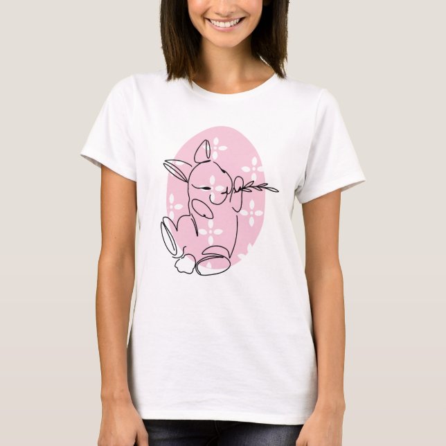 T-shirt Cute Bunny Line Art Rose Oeuf Printemps (Devant)