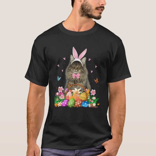 T-shirt Cute Bunny Maine Coon Cat With Easter Egg Basket E (Devant)