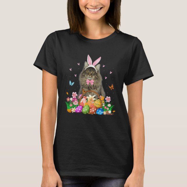 T-shirt Cute Bunny Maine Coon Cat With Easter Egg Basket E (Devant)