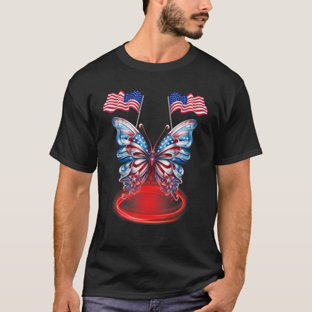 T-shirt Cute Butterfly USA Flag 4th Of July for USA Americ (Devant)