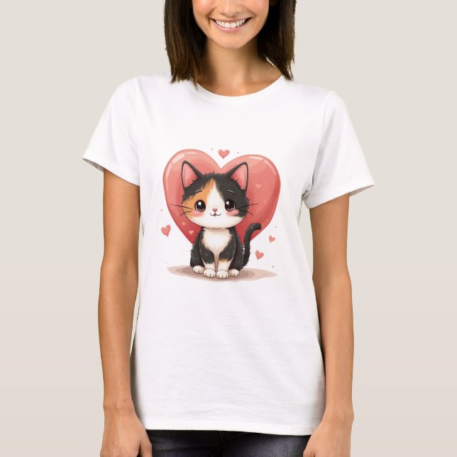 T-shirt Cute Calico Cat Heart Kawaii Valentine's Art (Devant)