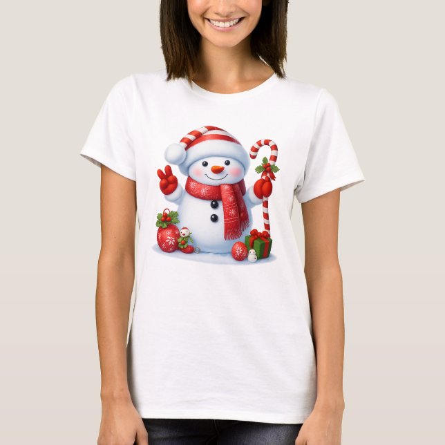 T-shirt Cute Candy Cane Snowman Merry Christmas  (Devant)