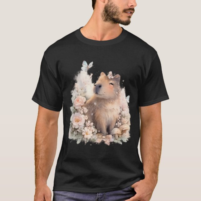 T-shirt Cute Capybara Among Blooming Flowers (Devant)
