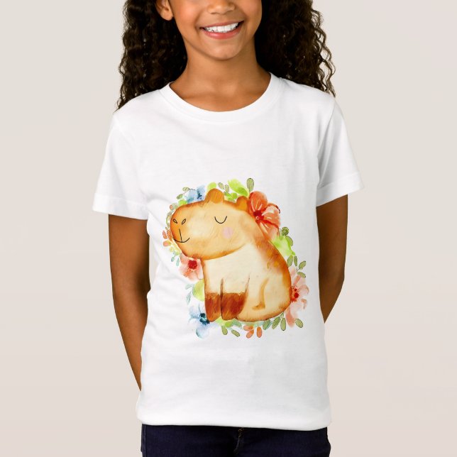 T-Shirt Cute Capybara Among Blooming Flowers (Devant)