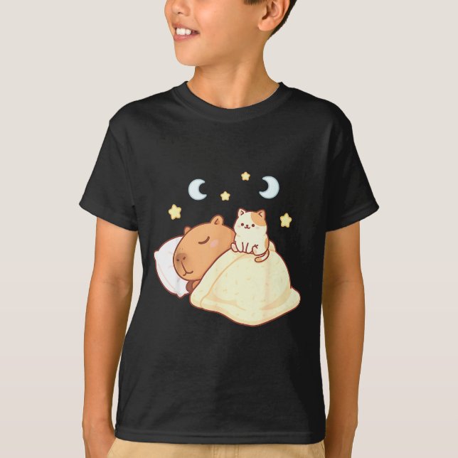 T-shirt Cute Capybara Kawaii Sleep Pajamas Sleepybara Cat  (Devant)