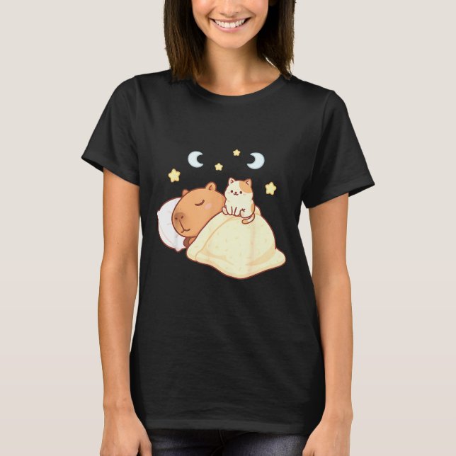 T-shirt Cute Capybara Kawaii Sleep Pajamas Sleepybara Cat  (Devant)