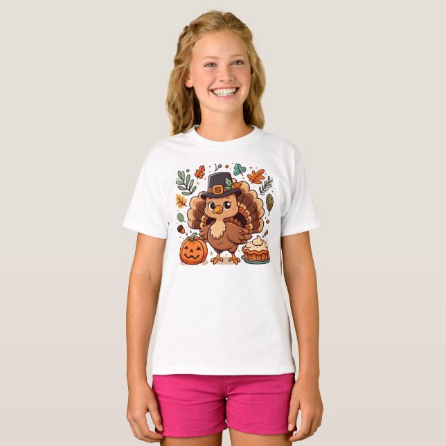 T-shirt Cute caricature Thanksgiving dinde et citrouille (Devant entier)