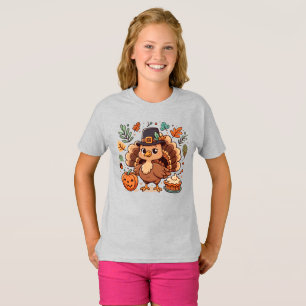 T-shirt Cute caricature Thanksgiving dinde et citrouille