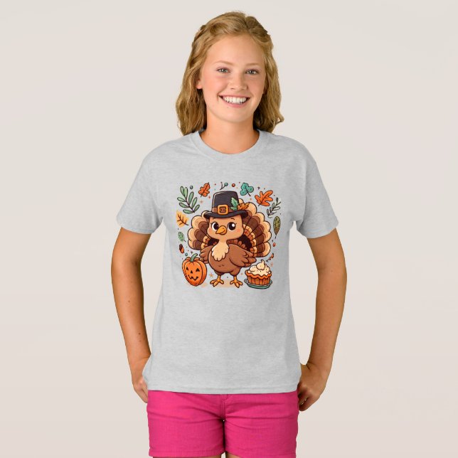 T-shirt Cute caricature Thanksgiving dinde et citrouille (Devant entier)