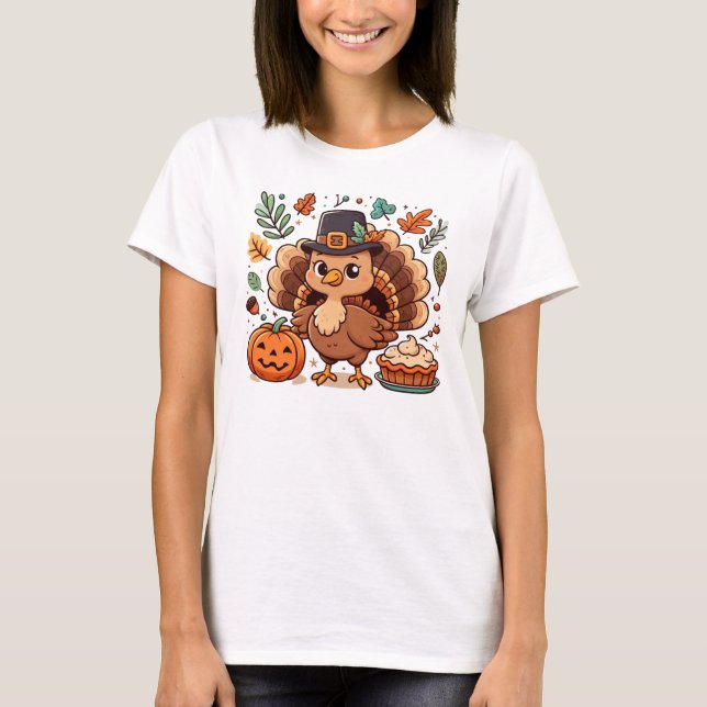 T-shirt Cute caricature Thanksgiving dinde et citrouille (Devant)