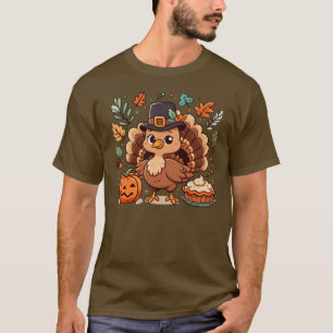T-shirt Cute caricature Thanksgiving dinde et citrouille