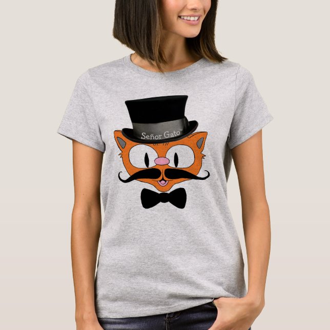T-shirt Cute Carton Chat Señor Gato Handlebar Mustache (Devant)