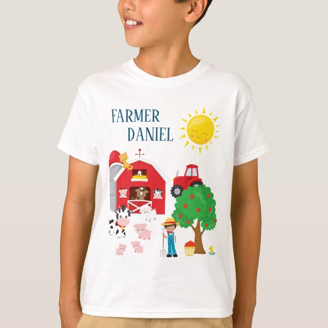 T-shirt Cute Cartoon Barnyard Animaux, Fermier et tracteur (Devant)