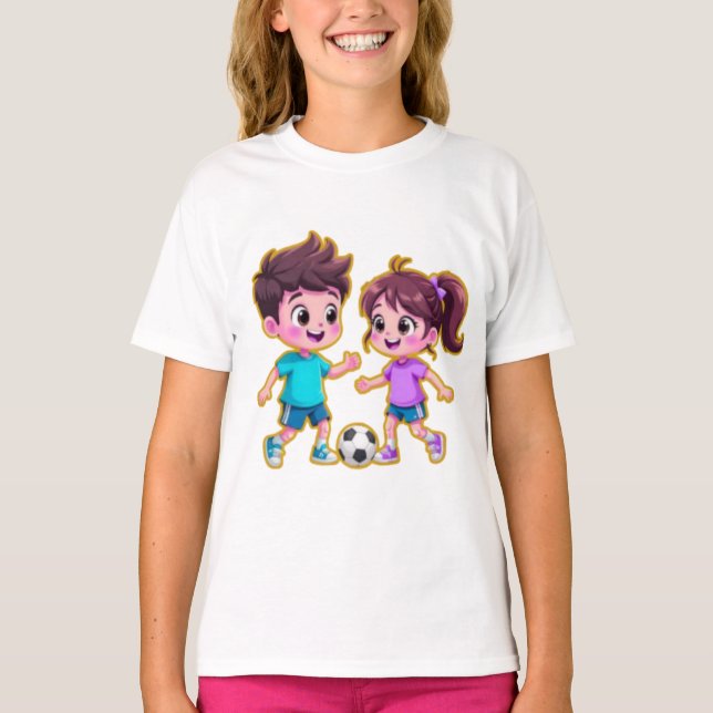 T-shirt Cute Cartoon Boy and Girl Playing Soccer Together  (Devant)