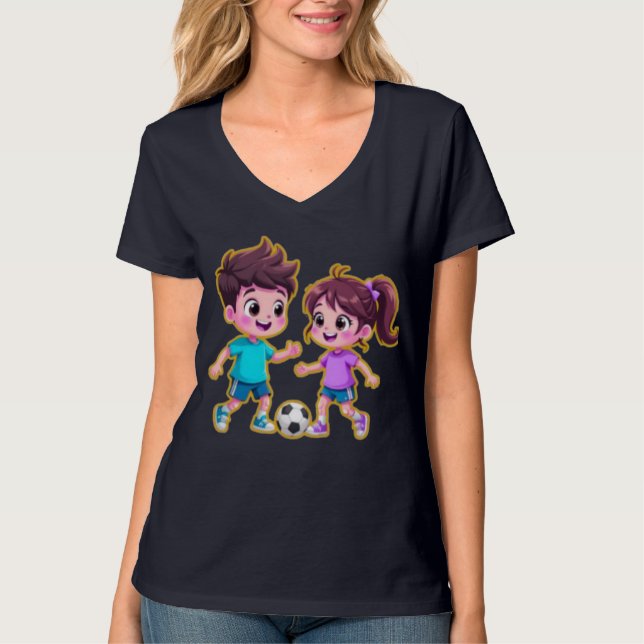 T-shirt Cute Cartoon Boy and Girl Playing Soccer Together  (Devant)
