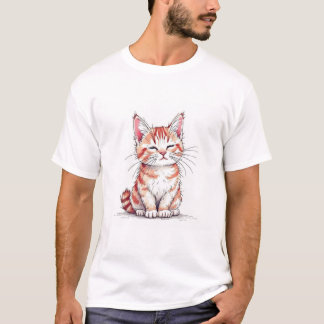 T-shirt Cute Cartoon Cat Digital Illustration in Hand-Draw