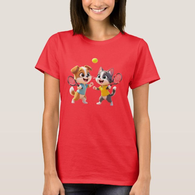 T-shirt Cute Cartoon Dog and Cat Playing Padel Tennis – Fu (Devant)