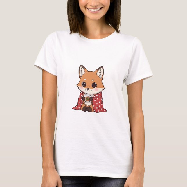 T-shirt Cute Cartoon Fox Wrapped in Red Polka Dot Blanket  (Devant)