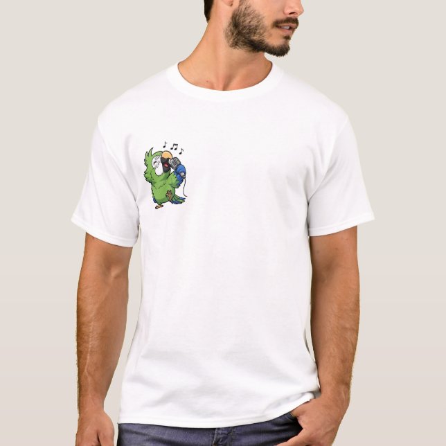 T-shirt Cute Cartoon Green Parrot Singing with Microphone (Devant)