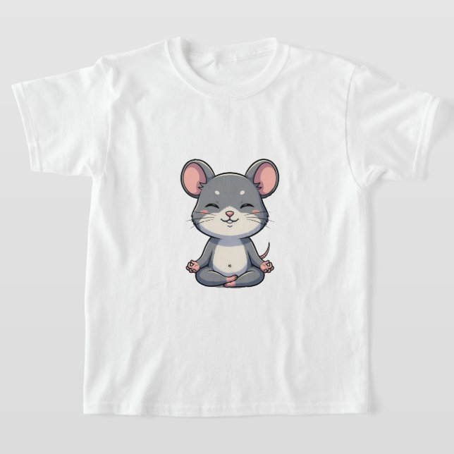 T-shirt Cute Cartoon Grey Mouse Meditating in Lotus Pose (Poser)