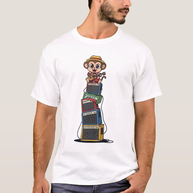 T-shirt Cute Cartoon Monkey Rocker Playing Ukulele (Devant)