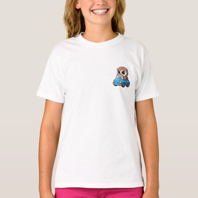 T-shirt Cute Cartoon Owl Driving Blue Convertible Car (Devant)