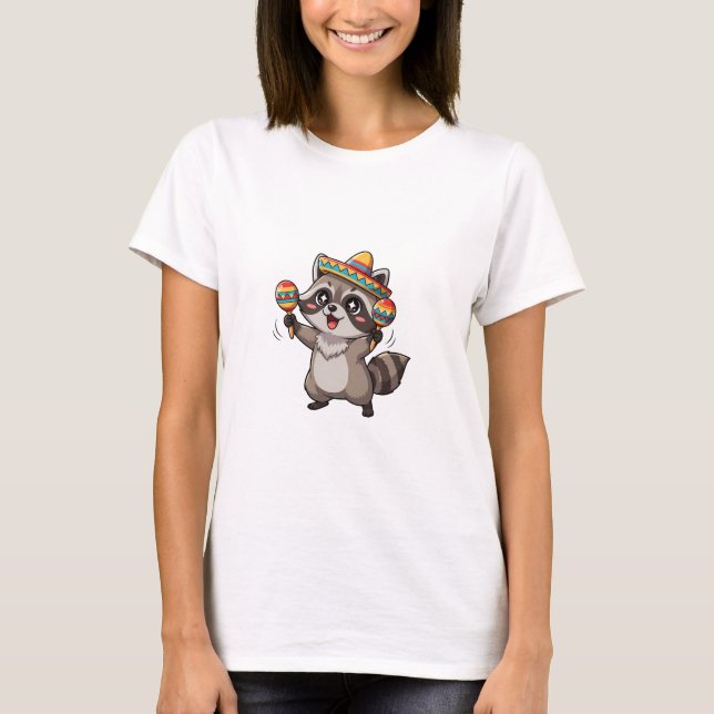 T-shirt Cute Cartoon Raccoon Playing Maracas with Sombrero (Devant)