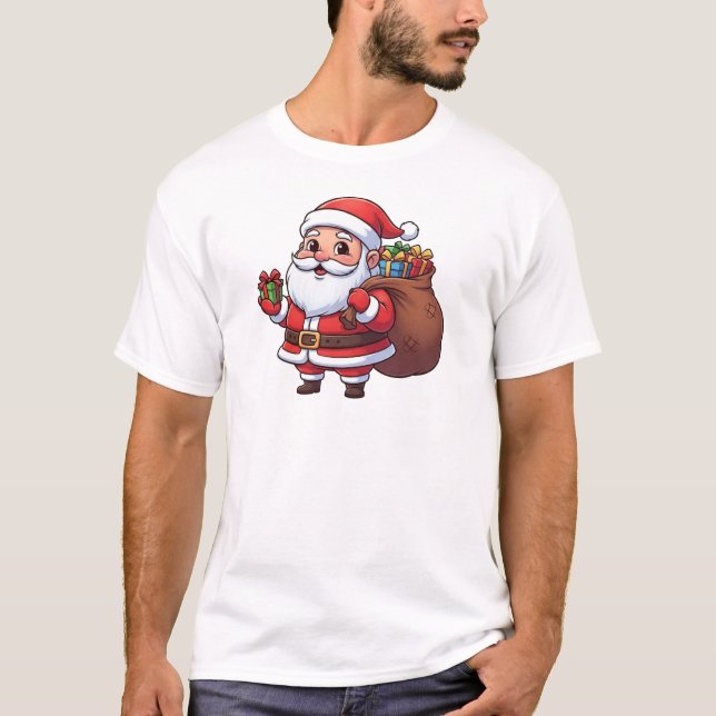 T-shirt Cute Cartoon Santa Claus Holding Gift with Sack   (Devant)
