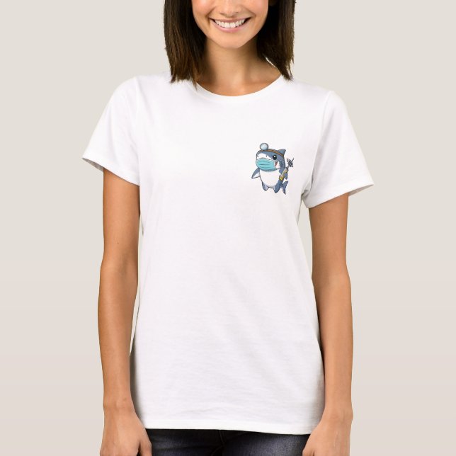 T-shirt Cute Cartoon Shark Dentist Holding Dental Drill (Devant)