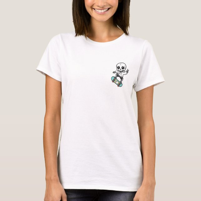 T-shirt Cute Cartoon Skeleton Skater Riding Skateboard (Devant)