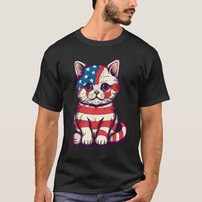 T-shirt Cute Cat 4th Of July Hat Patriotic American Flag P (Devant)