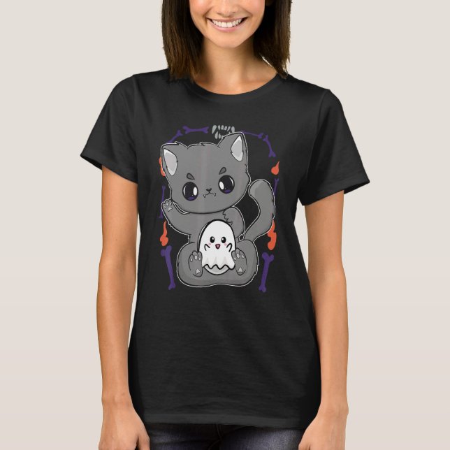 T-shirt Cute Cat And Ghosts For Cute Horror Fans (Devant)