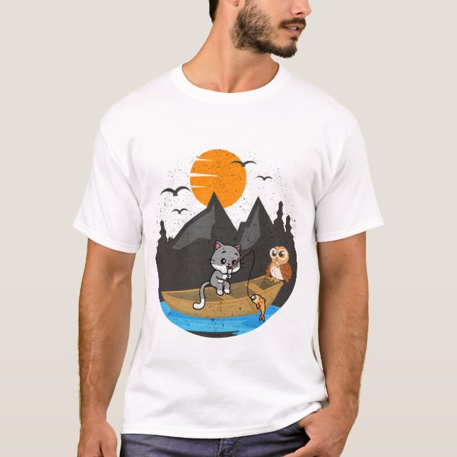 T-shirt Cute Cat And Owl Fishing Boat Nature Art (Devant)