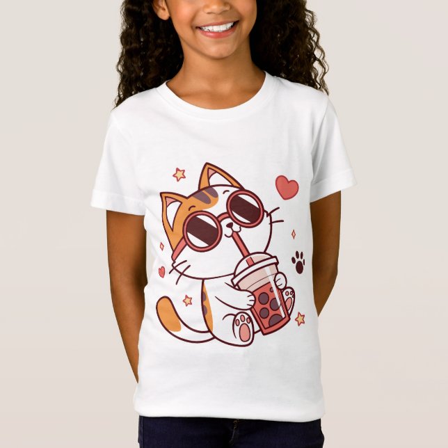 T-Shirt Cute Cat Boba Tea - Coeurs & Étoiles (Devant)