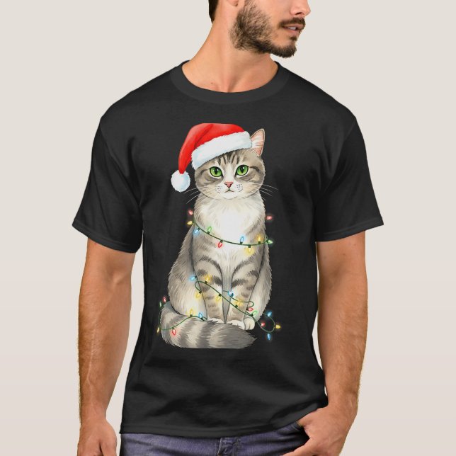 T-shirt Cute Cat Christmas Lights Santa Hat Snow Holiday A (Devant)