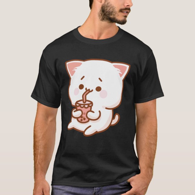 T-shirt Cute Cat Driking Tea with bubbles (Devant)