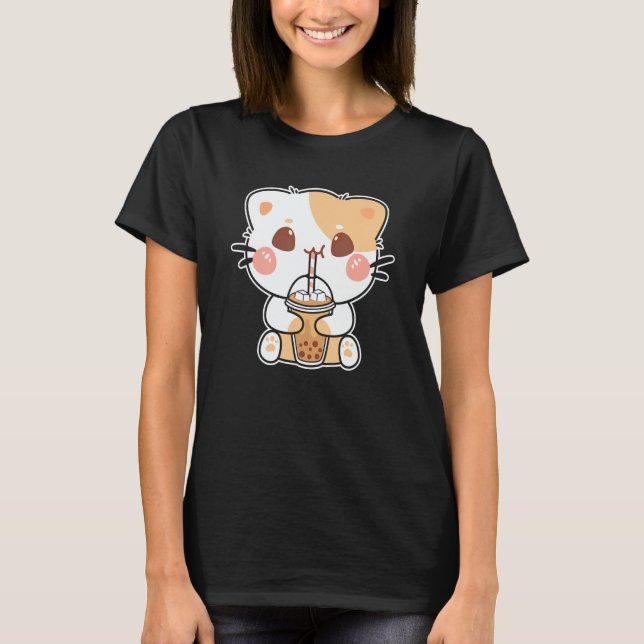 T-shirt Cute Cat Drinking Boba (Devant)