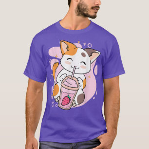 T-shirt Cute Cat fraise Milkshake Anime Kawaii Neko Gi