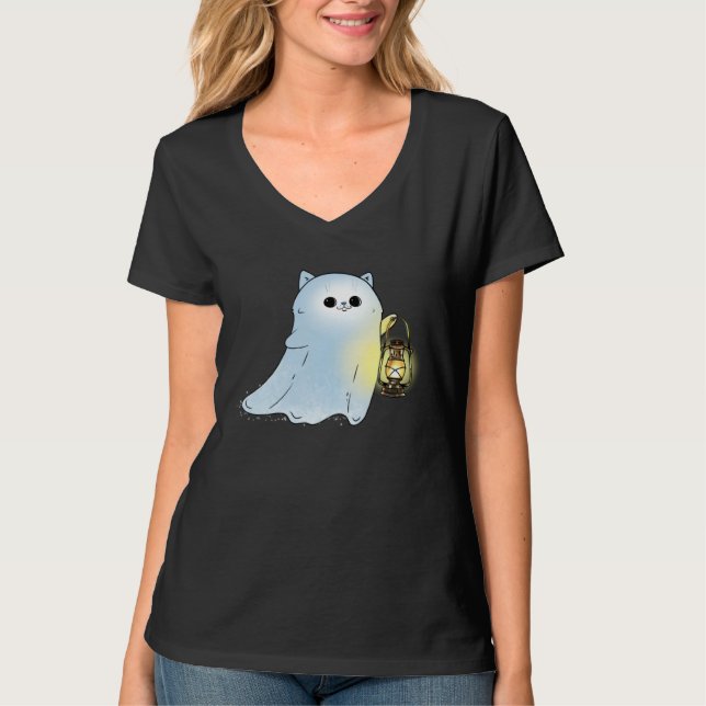 T-shirt Cute Cat Ghost With Lantern Spook Phantom Hallowee (Devant)
