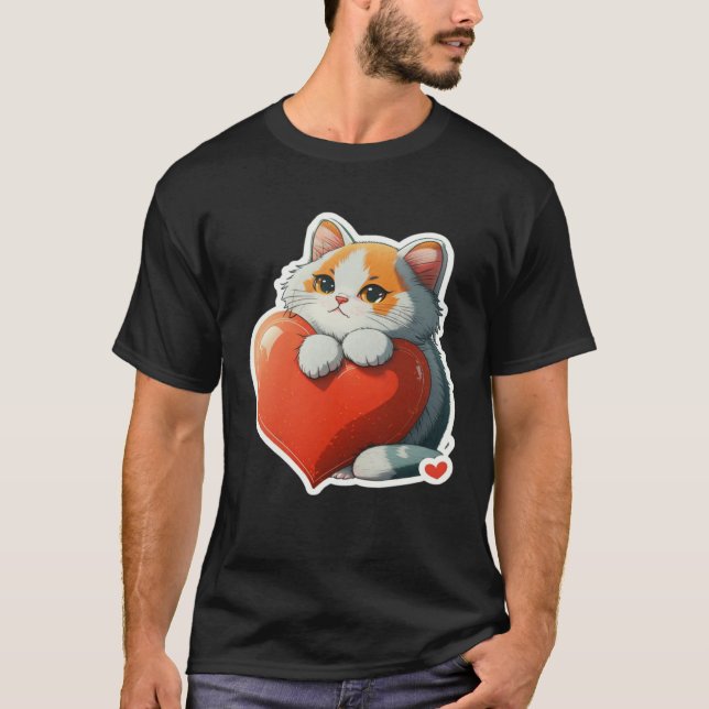 T-shirt Cute Cat Hugging Red Heart for Kitten  and Cats ow (Devant)