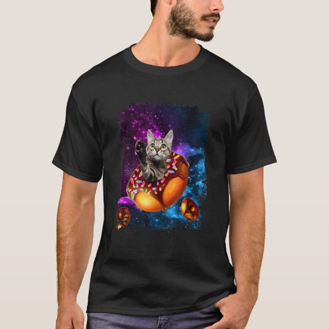 T-shirt Cute Cat inside Donut in Space Boys Girl Kitty in  (Devant)