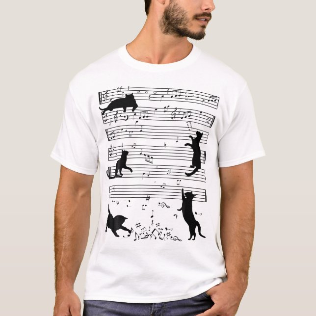 T-shirt Cute Cat Kitty Jouer Musique Note Clef Musicien (Devant)