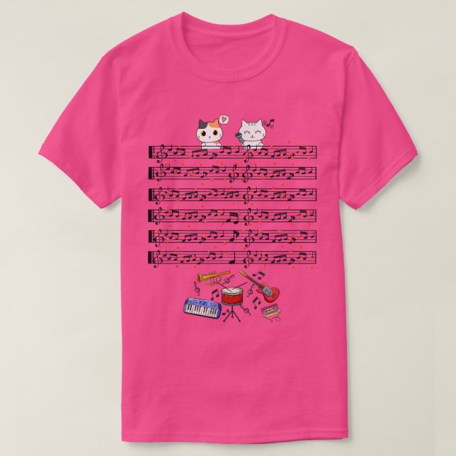 T-shirt Cute Cat Kitty Jouer Musique Piano Guitare Musicie (Design devant)
