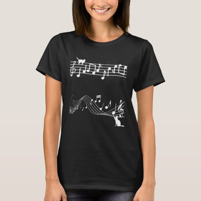 T-shirt Cute Cat Kitty Playing Music Note Clef (Devant)