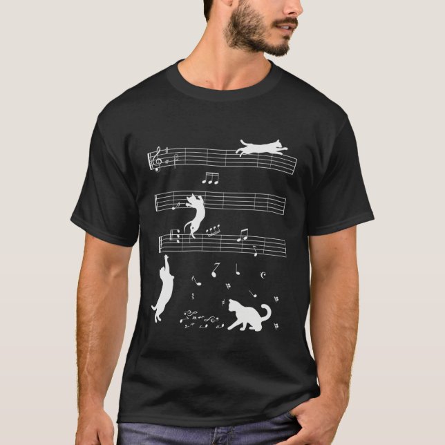 T-shirt Cute Cat Kitty Playing Music Note Clef Musician (Devant)
