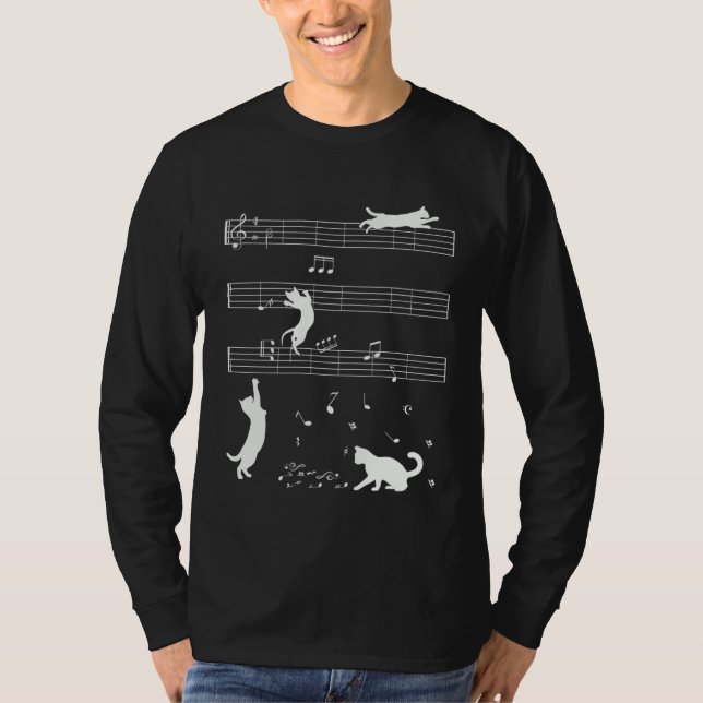 T-shirt Cute Cat Kitty Playing Music Note Clef Musician (Devant)