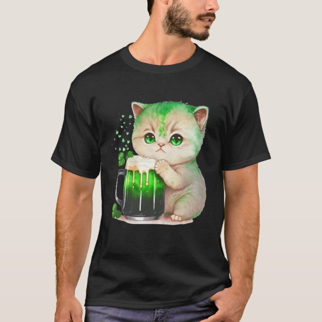 T-shirt Cute Cat Loves Beer St Patrick s Day Cat (Devant)